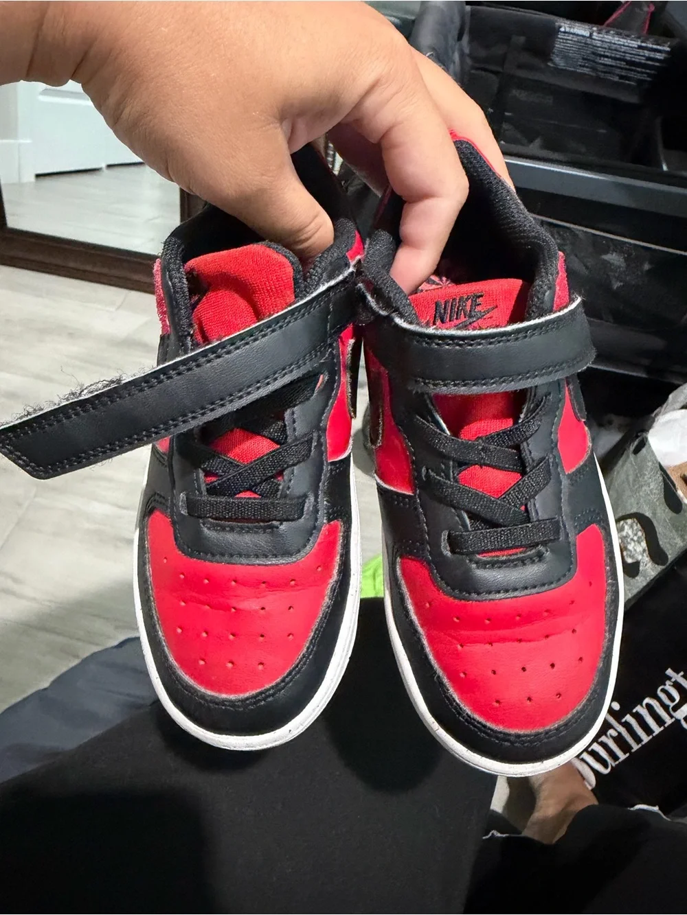 Nike Court Borough Low 2 Toddler Red Black Sneakers Velcro
